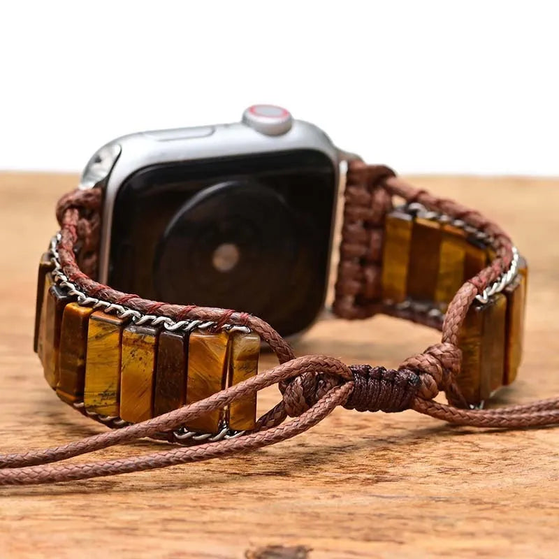 Rectangular tiger eye stone chain watch strap on adjustable textile band for men's watches