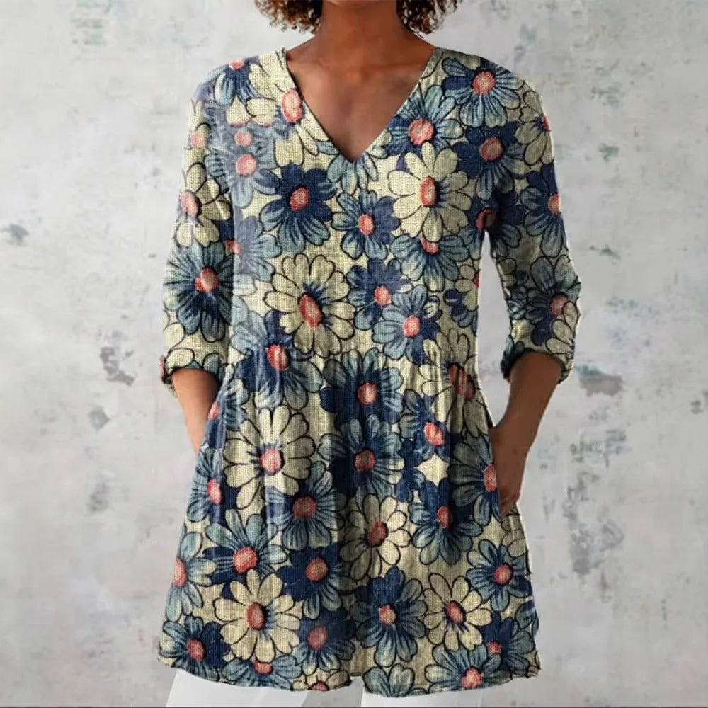 Women's retro slim fit printed long-sleeved top in polyester fabric with digital printing