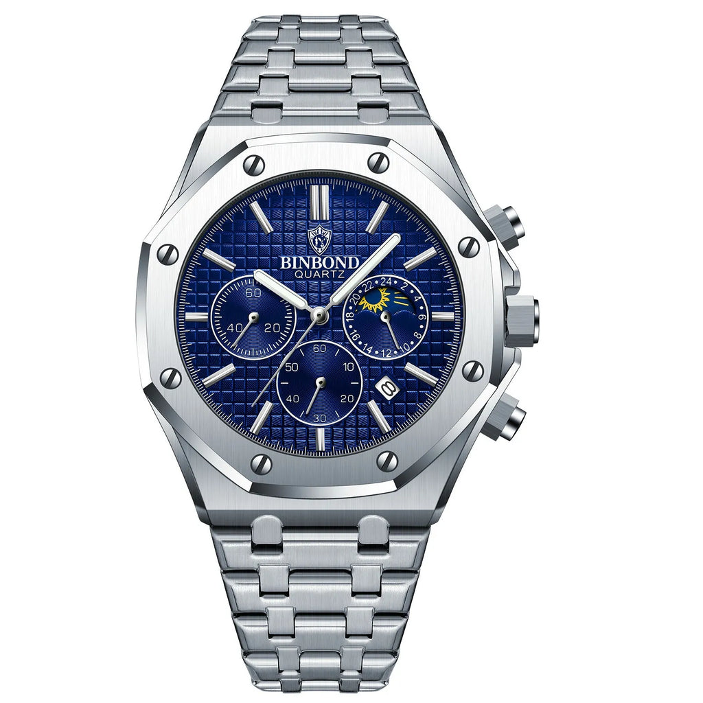 Men's multi-function sports watch with 42mm round metal dial, quartz movement, and butterfly buckle strap