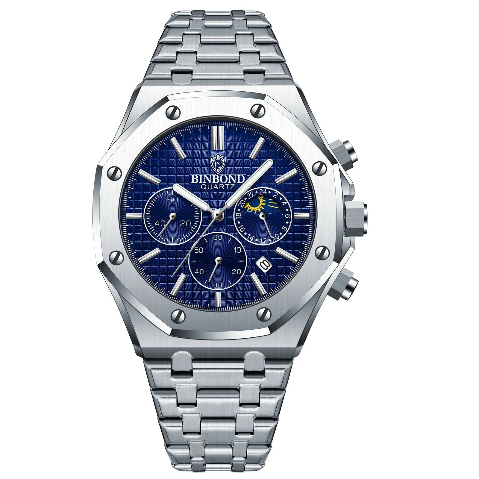 Men's multi-function sports watch with 42mm round metal dial, quartz movement, and butterfly buckle strap