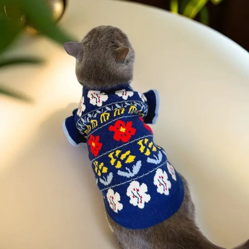 Dark blue wool pet jumper for small and medium dogs and cats, casual style, sizes XS to XXL