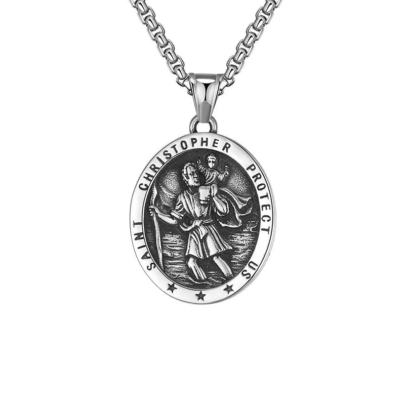 St Christopher titanium steel pendant necklace with 60cm steel colour chain, geometric unisex design