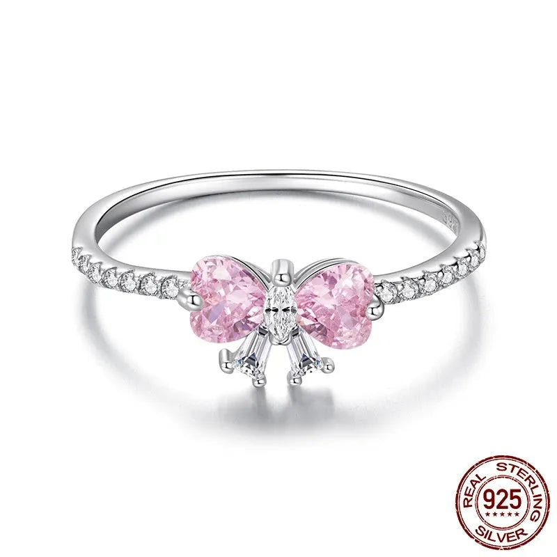 S925 sterling silver bow ring with zircon accent, electroplated silver-tone finish, US sizes 6 to 8