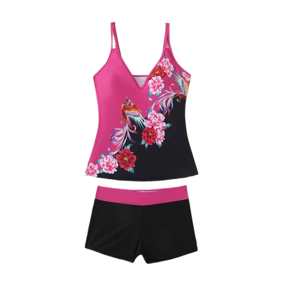 Women's plus size printed swimsuit in black or rose red, shown in briefs style.