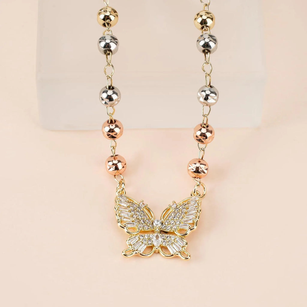 Gold butterfly pendant necklace with zircon inlay, adjustable stainless steel chain, simple style for women