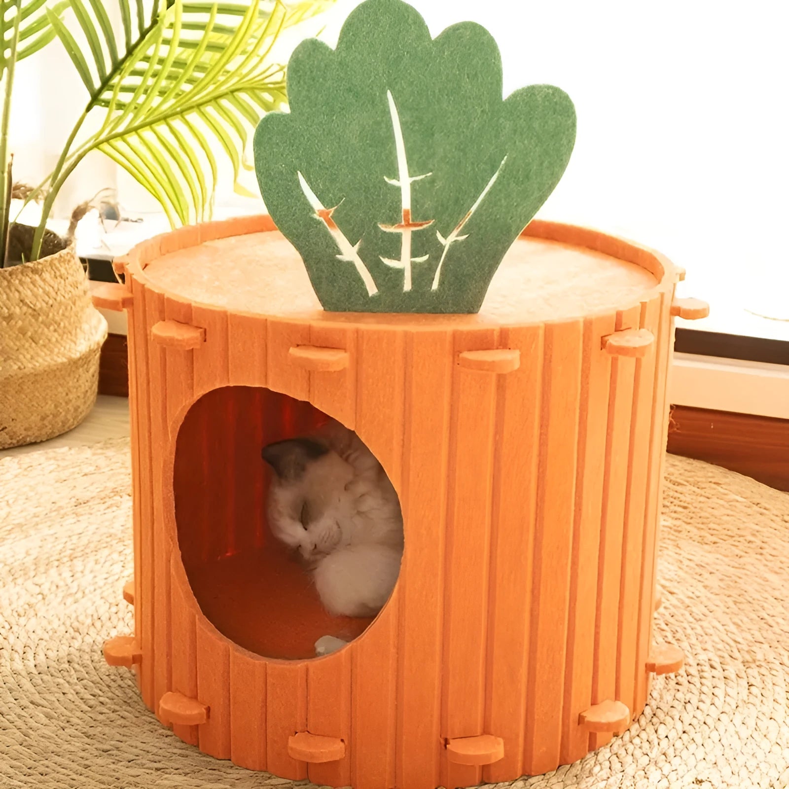 A soft grey felt cat tunnel nest with a round entrance, shown in two different sizes.