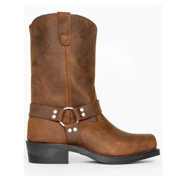 Men's vintage cowboy boots with belt buckle ring detail on shaft and leather soles in three western colour designs