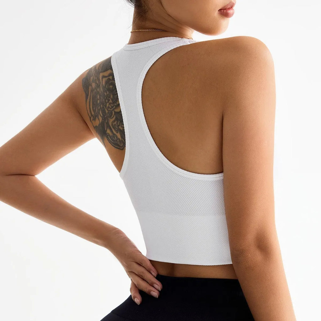 Black women's sports bra with cross back design and full cup support for athletic wear.