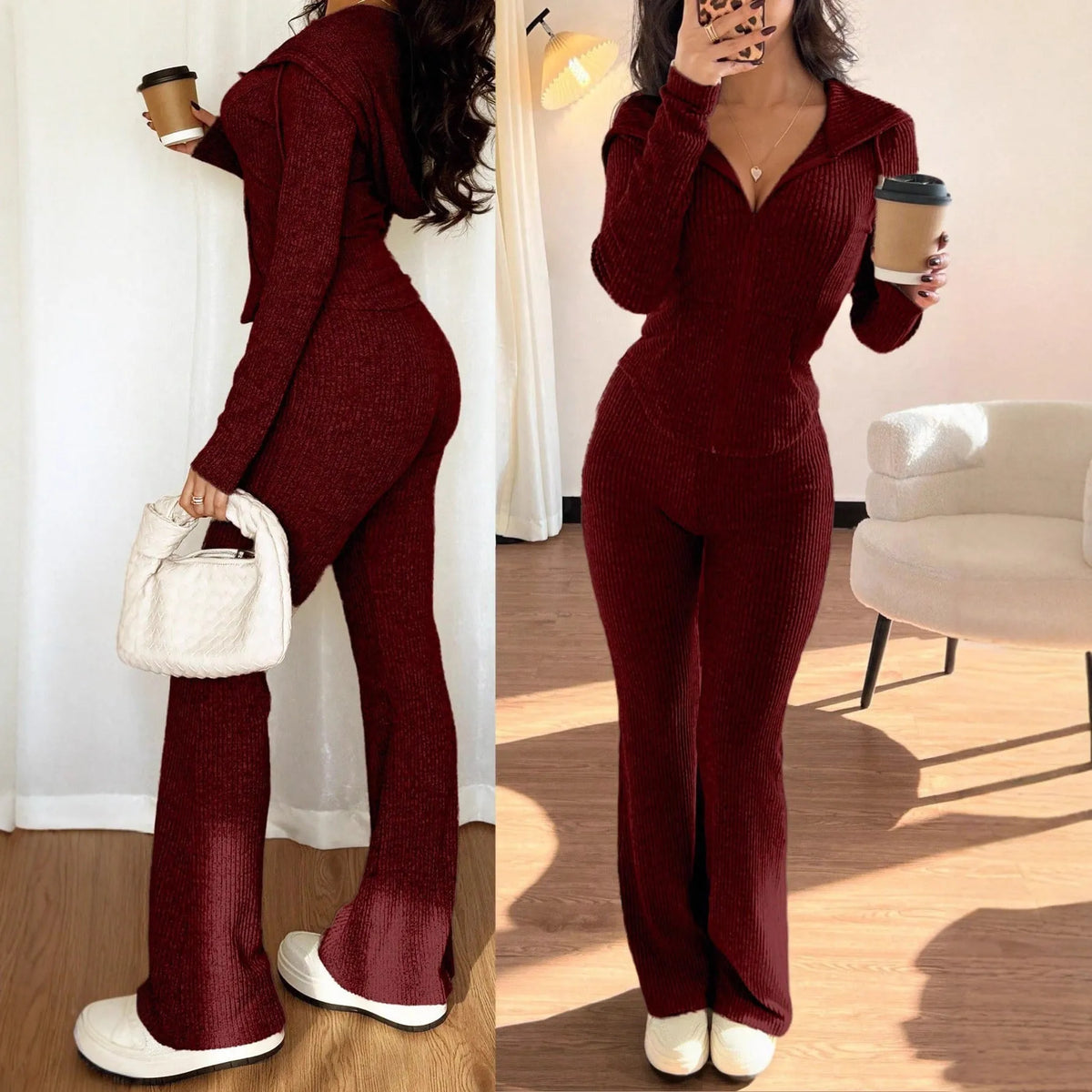 Women's long sleeve hooded tracksuit set with zip top and matching trousers in solid colour rib knit, wine red light grey apricot dark grey.