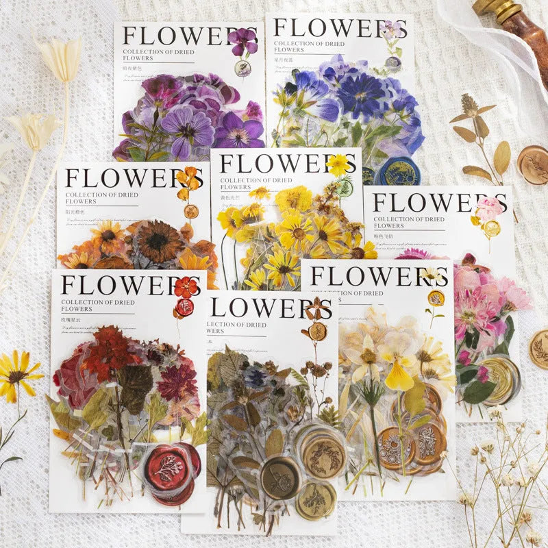 Square 70mm dried flowers journal stickers in eight artistic colour styles including dark night purple and rose nebula