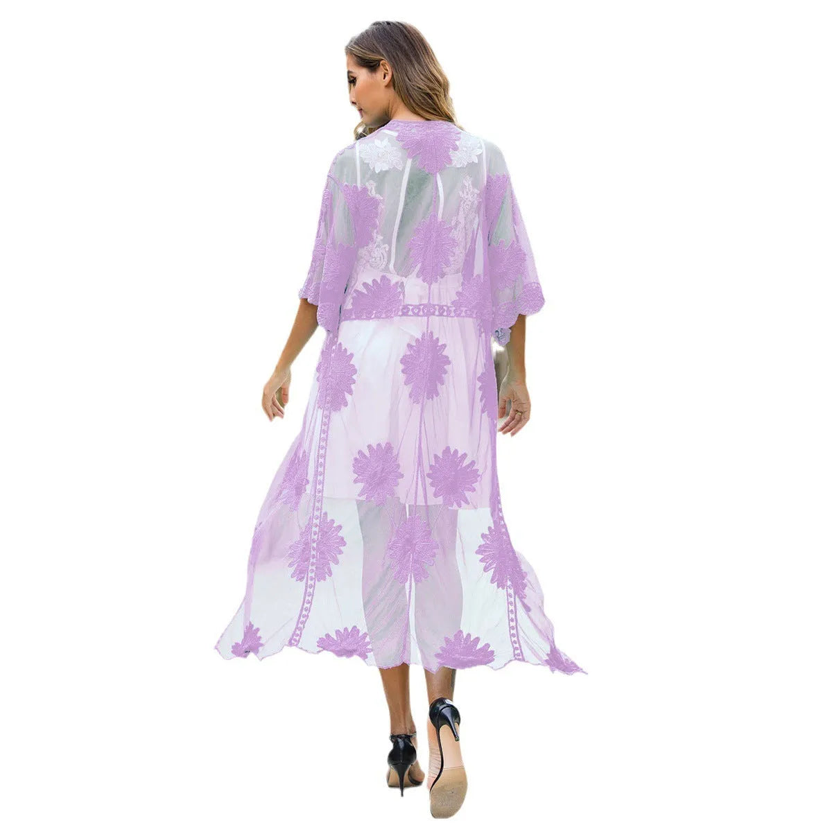 Light purple beach cardigan with lace embroidery, shown as a swimsuit cover-up.