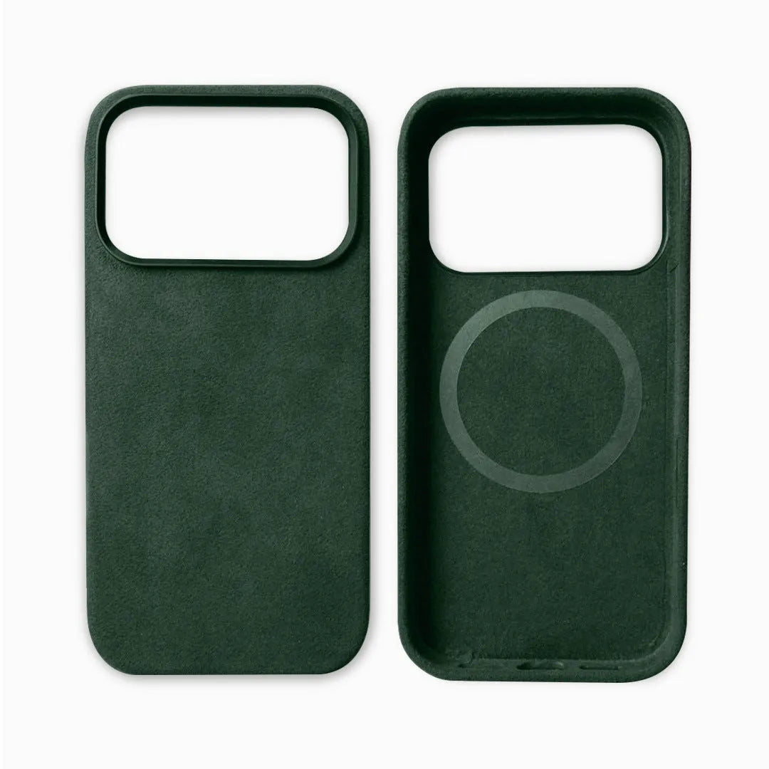 Handmade Alcantara phone case for iPhone 17 Pro Max, dark gray, with magnetic suction and anti-fingerprint finish