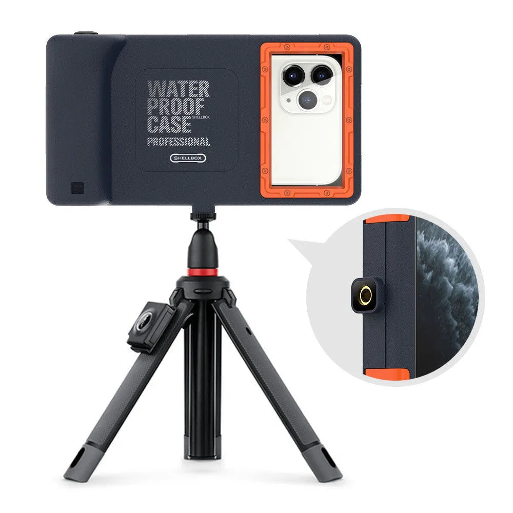 Orange universal waterproof phone case with transparent PC showing compatible iPhone and Samsung models