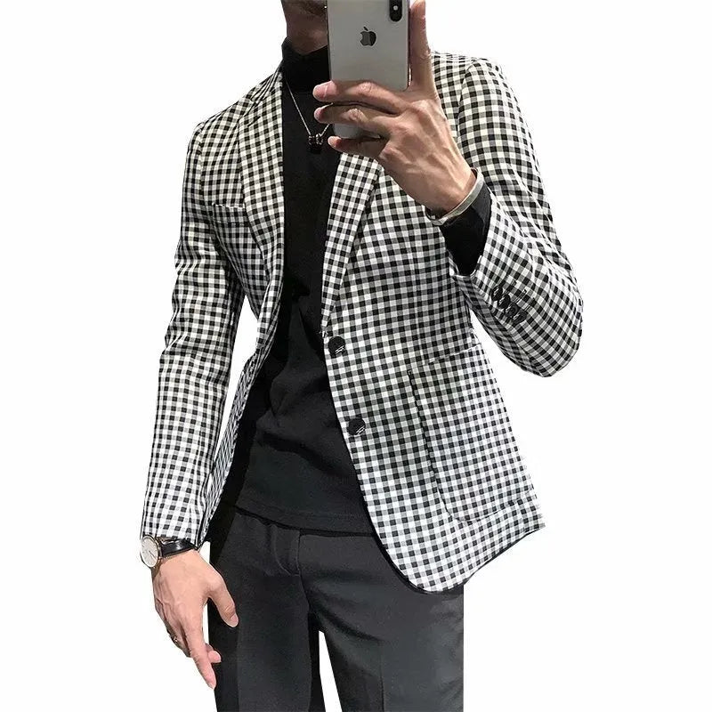 Black and white plaid slim-fit youth fashion jacket with cotton blend fabric, front view, sized M to 2XL