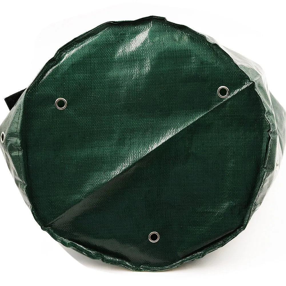 Dark green PE cloth planting bag with side windows and double handles, 34x35cm, for growing potatoes on a balcony.