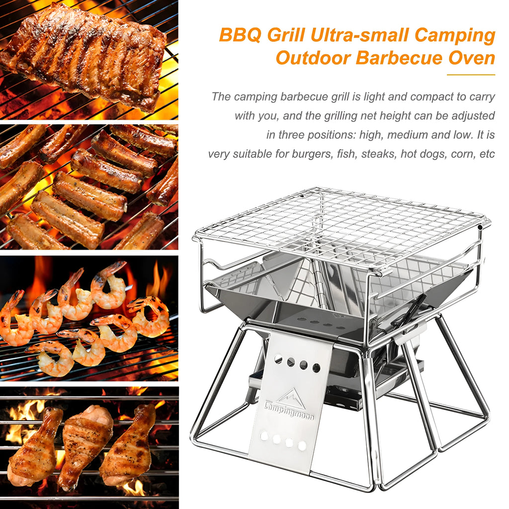 Portable stainless steel folding BBQ grill with non-stick surface in silver, with carrying case, for outdoor camping and picnics