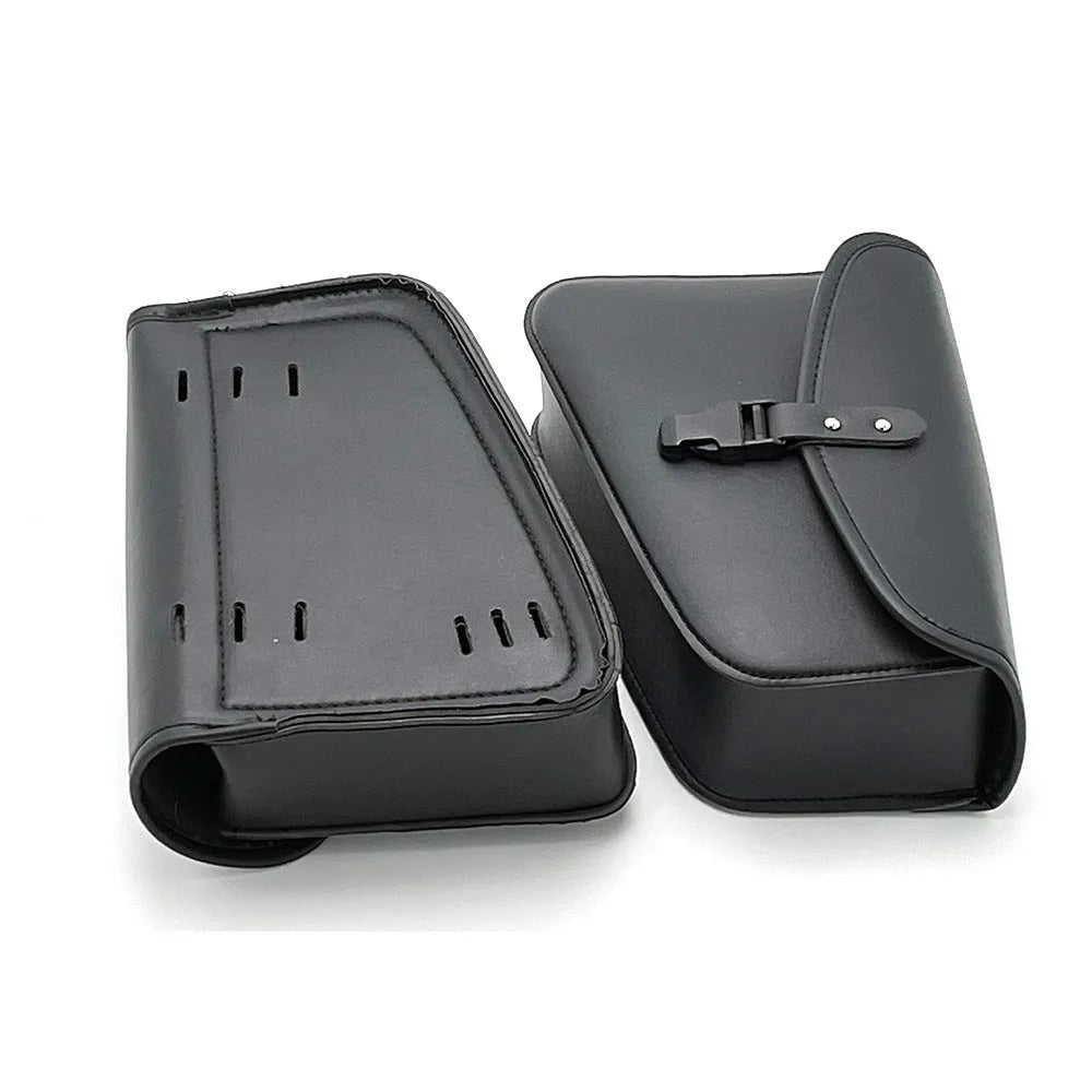 Black PU leather motorcycle swingarm storage bag mounted on Harley-Davidson Sportster showing 30x24x20cm dimensions