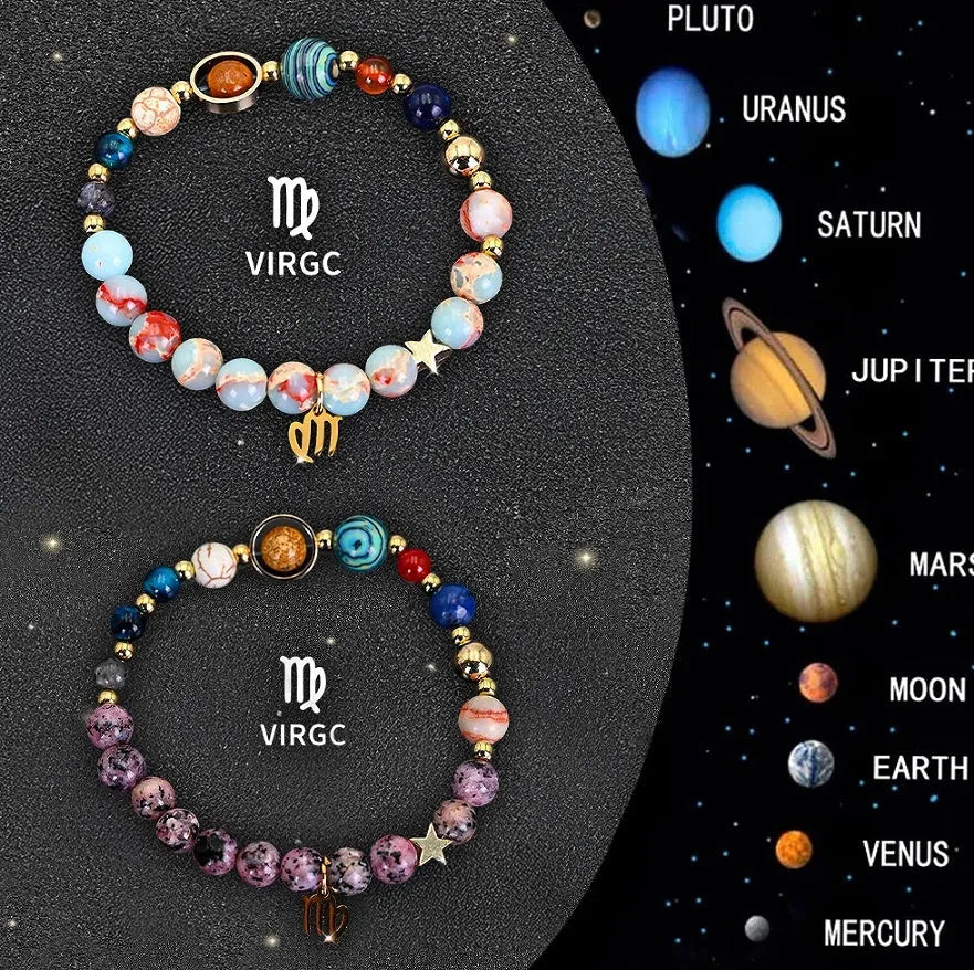 Two natural stone beaded bracelets showing different zodiac sign styles on a wrist.