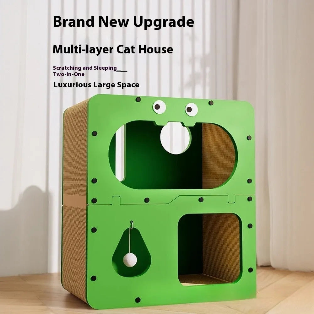 Double-layer cat scratching board with integrated cat nest in cute animal designs