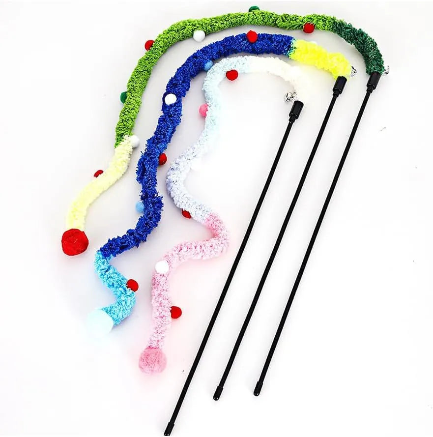 Blue cat wand toy with long plush strip and fluffy ball with bells on a 41cm pole