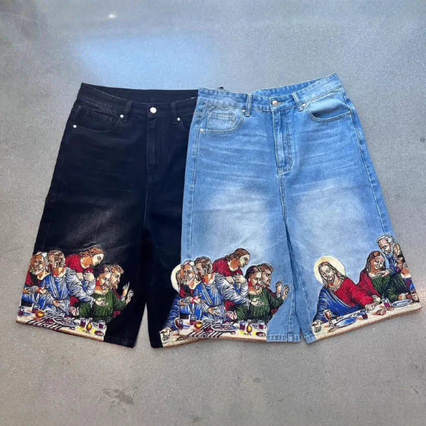 Men's blue cotton tapered shorts with a Jesus print on the back pocket