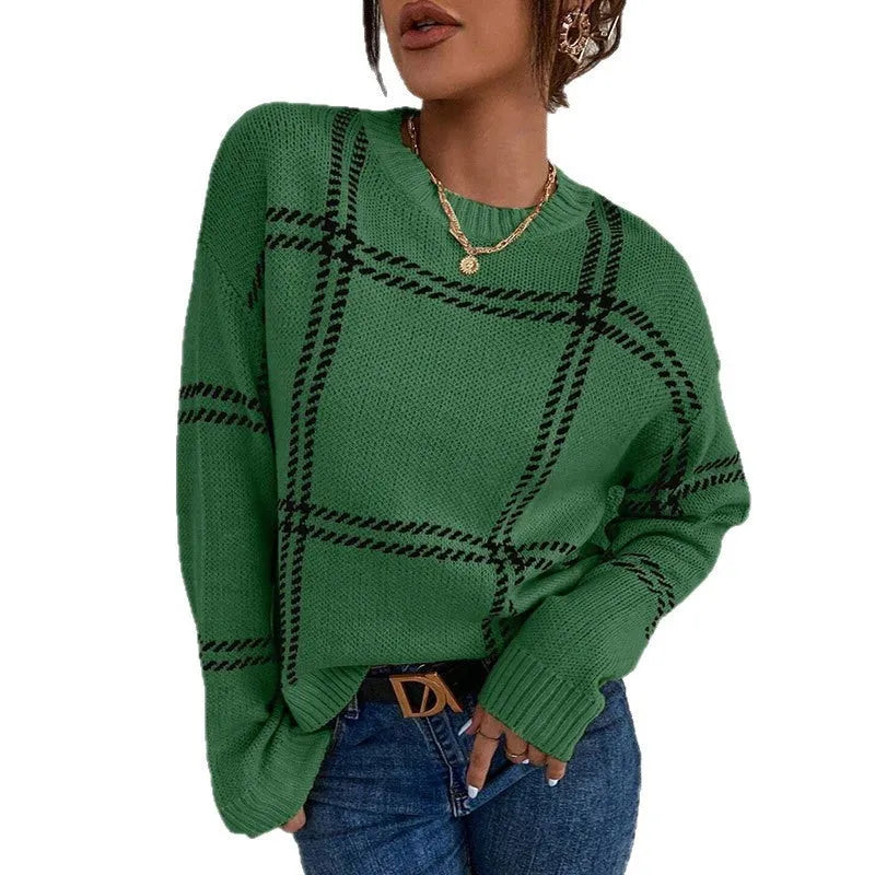 Women's plaid colour-block acrylic crew neck sweater in loose fit style