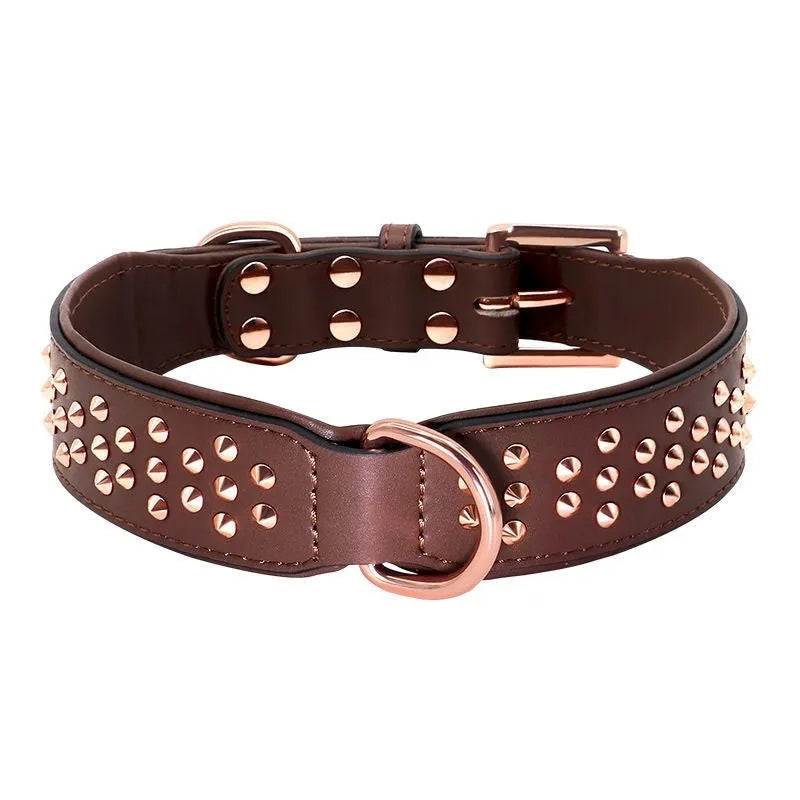 Leather dog collar with metal rivet studs in chocolate brown colour.
