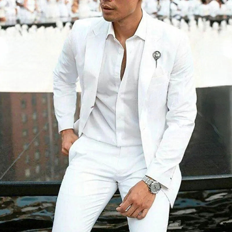 White slim fit two-piece men's wedding suit for groomsmen