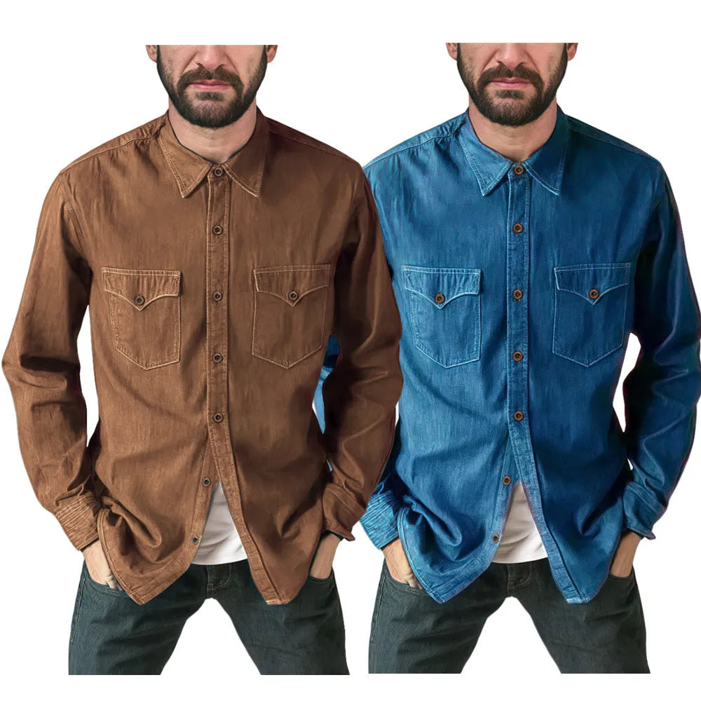 Denim cardigan coat in regular fit showing colour options of khaki, black, blue, and grey