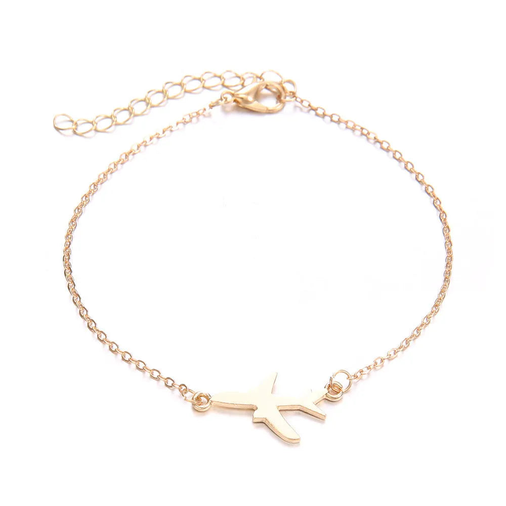Set of three women's bohemian-style bracelets with alloy heart charms featuring detailed aircraft map designs.