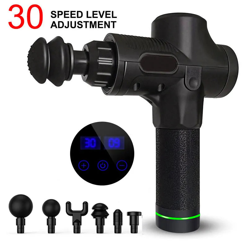 Fascia massage gun with 24V brushless motor, 30-speed control, six soft massage heads, and 2400mAh lithium battery in black.