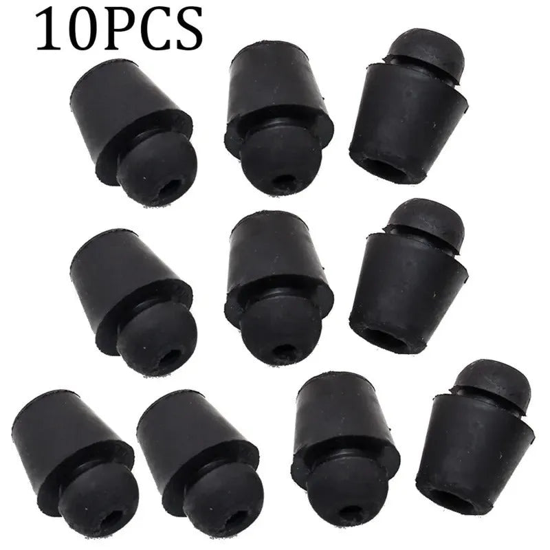 Ten black rubber automobile buckle buffer clips for shock absorption on vehicle panels.