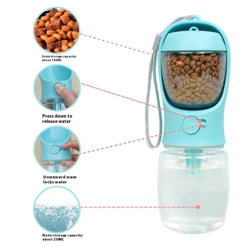 Blue portable dog water cup showing the two-in-one dispenser and bowl design for outdoor use.