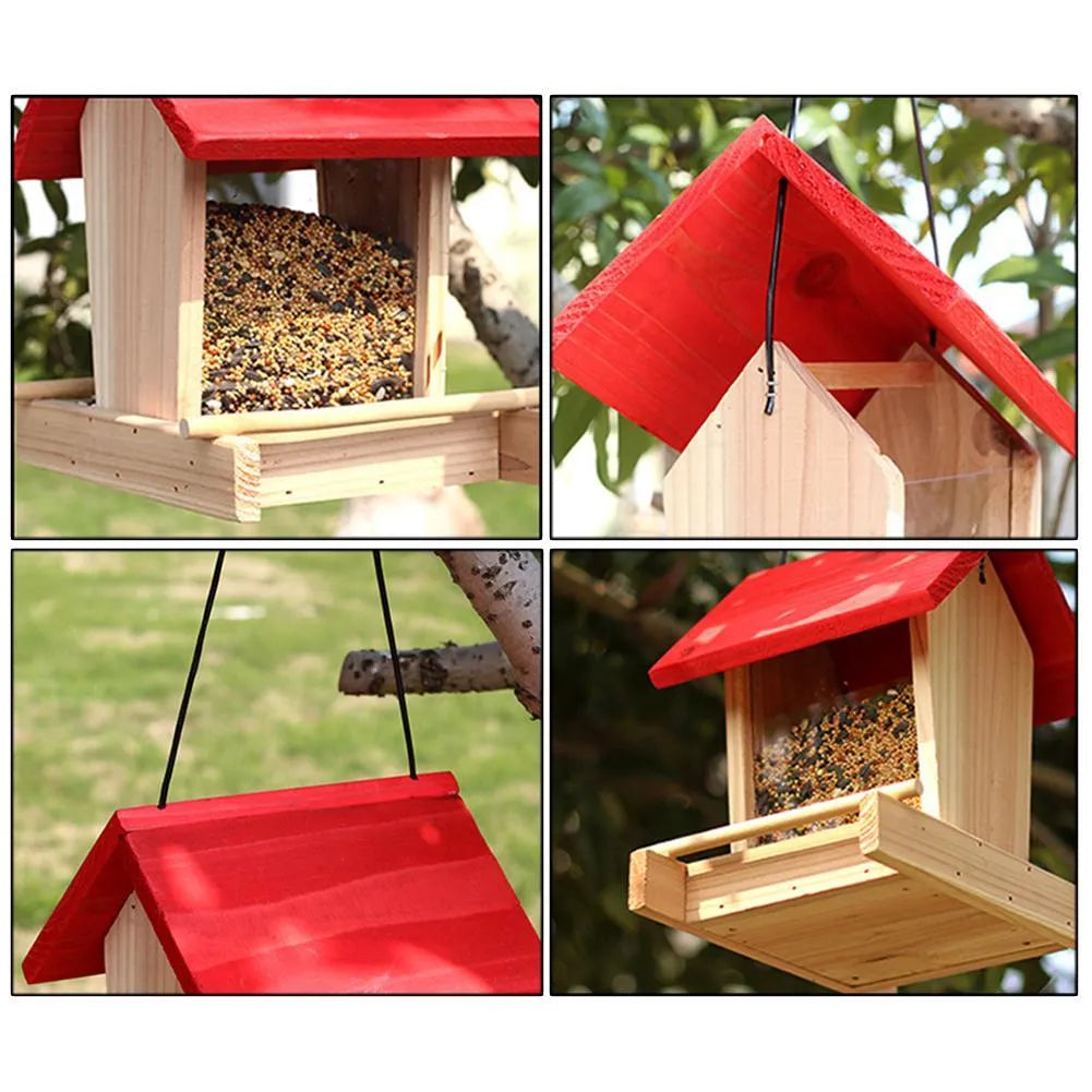 Suspended pine wood bird feeder with red roof and log texture finish