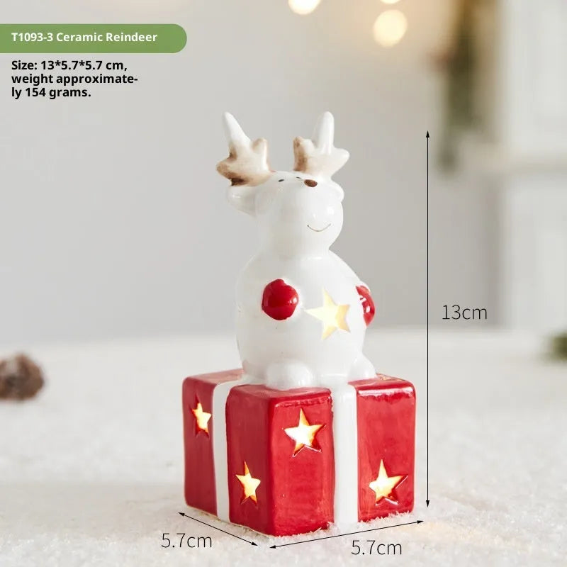Ceramic Christmas snowman decoration with luminous glow on desktop
