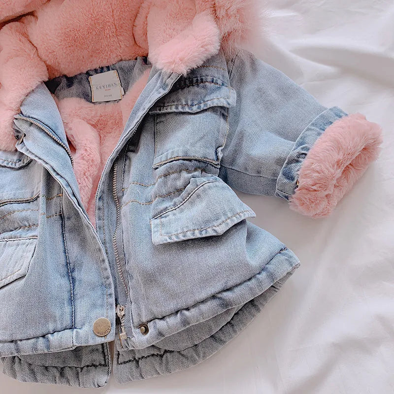 Girls blue denim coat with attached hood and plus velvet lining