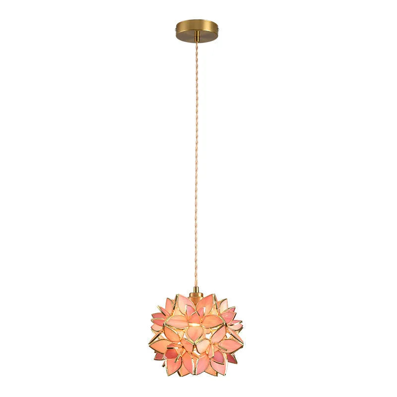 Stained glass hanging chandelier with copper fittings in blue, orange, pink, white or transparent colour options