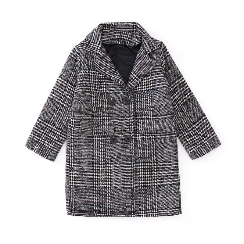 Girls grey houndstooth plaid winter coat with suit collar and long sleeves