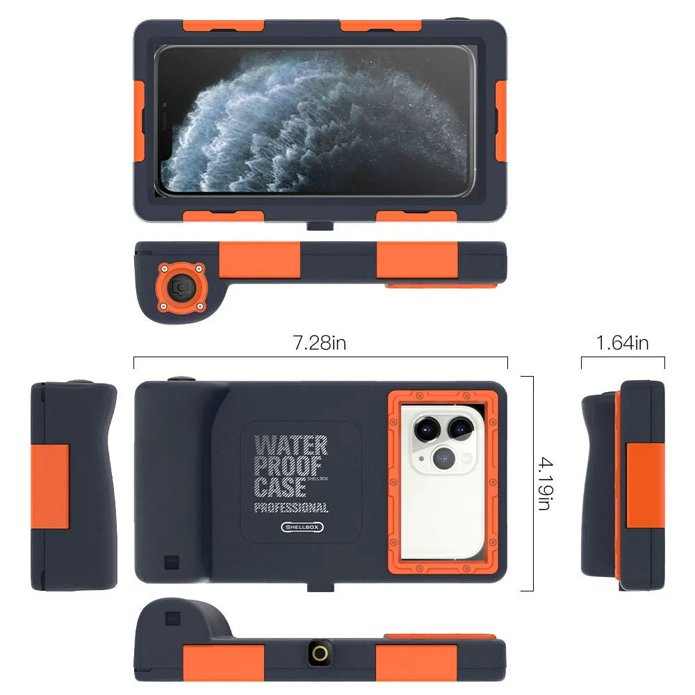 Orange universal waterproof phone case with transparent PC showing compatible iPhone and Samsung models