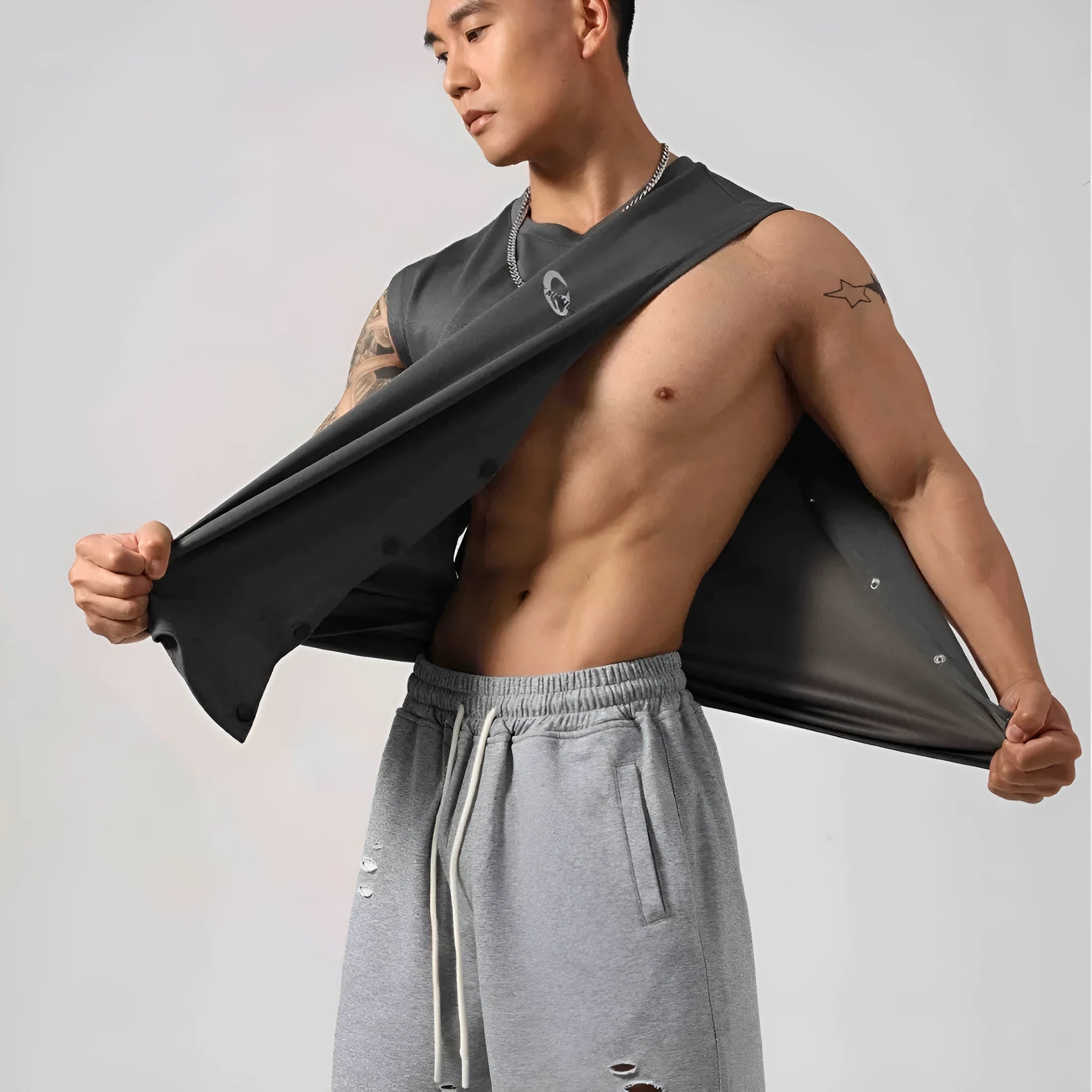 Men's black Korean style fitness vest with hidden hook side openings and loose fit design