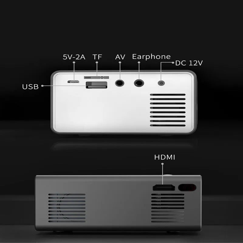 Mini LED projector in black, blue or yellow with HD 1080P support, 16-100 inch screen, HDMI USB AV ports.