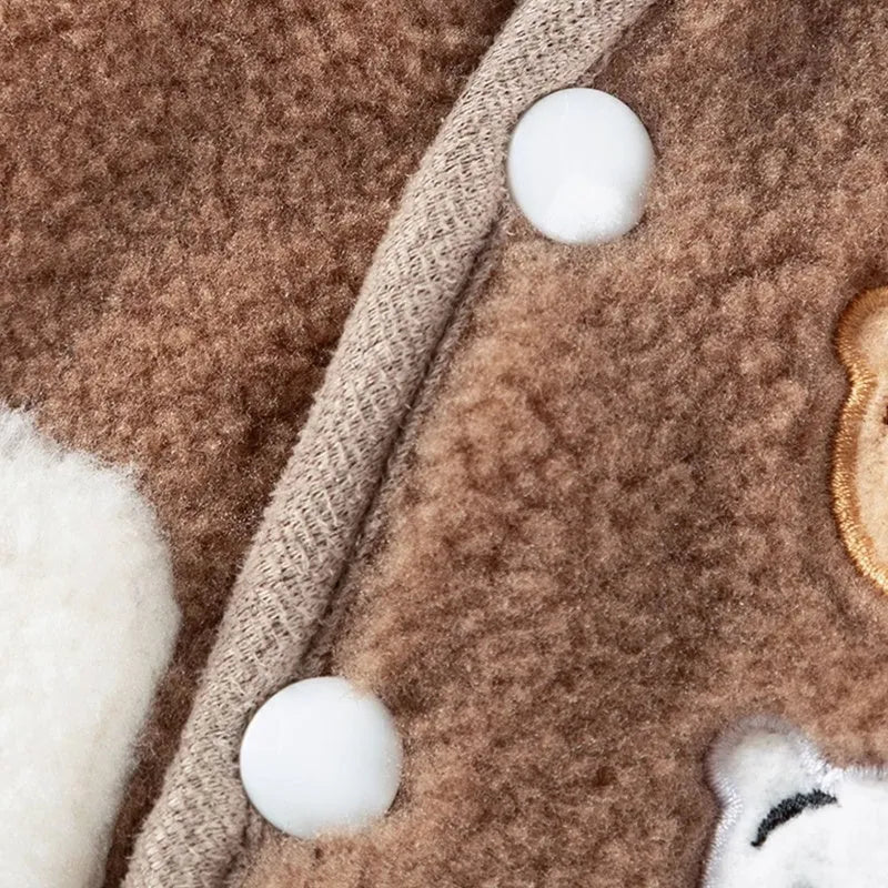 Warm fleece dog jacket with bear embroidery for small breeds, side-button closure, available in brown and white.