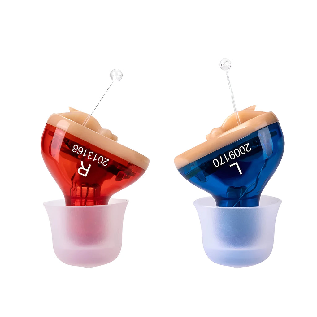 Q10 wireless mini invisible hearing aid in red and blue plastic casing