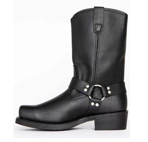 Men's vintage cowboy boots with belt buckle ring detail on shaft and leather soles in three western colour designs