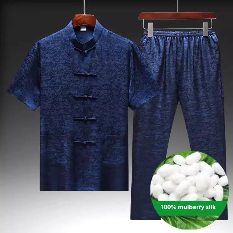 Men's traditional Chinese Tang suit in mulberry silk fabric available in light green, navy, and white colours