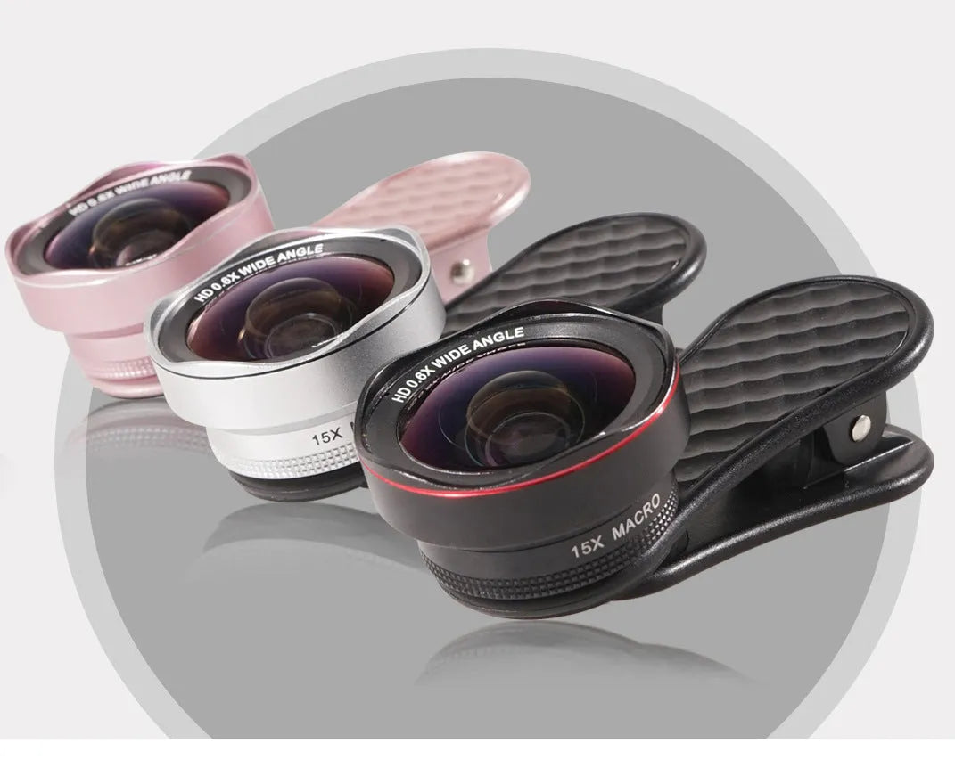 Black Silver Rose Gold smartphone wide-angle and macro lens kit with mounting clip and storage box