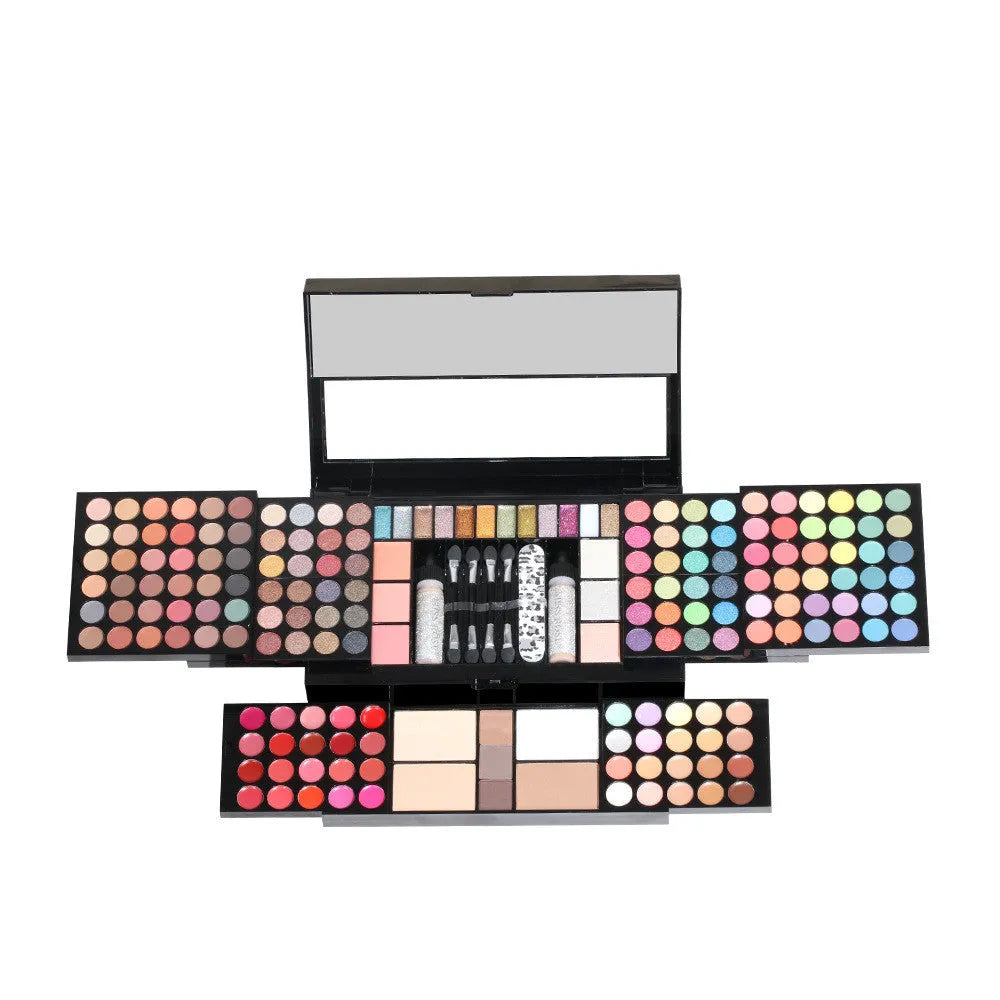 120 colour matte eye shadow palette in compact case with solid pink, purple, brown, and blue shades