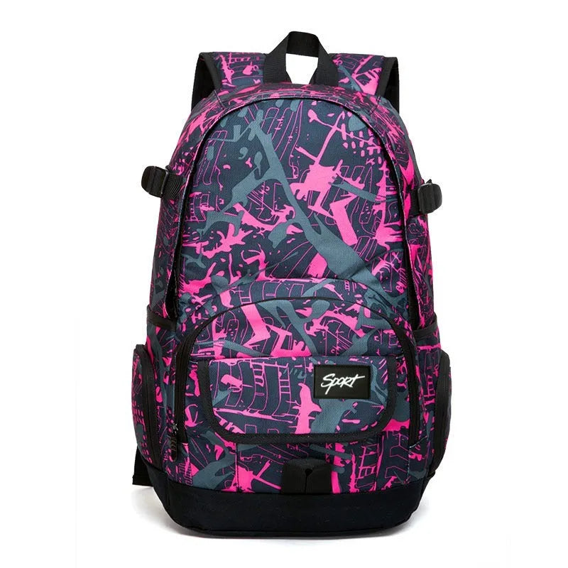 Blue and red classic nylon backpacks showing large capacity design for travel and school use