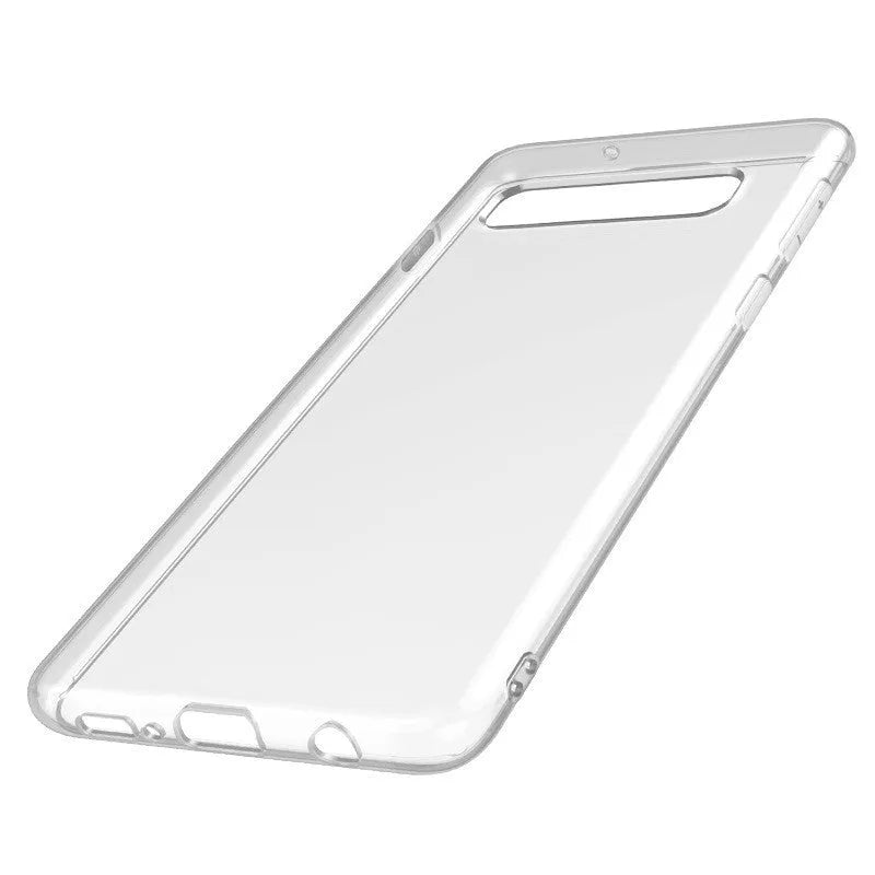 Transparent TPU phone case for Samsung S10, S10e and S10 Plus models showing front and back views