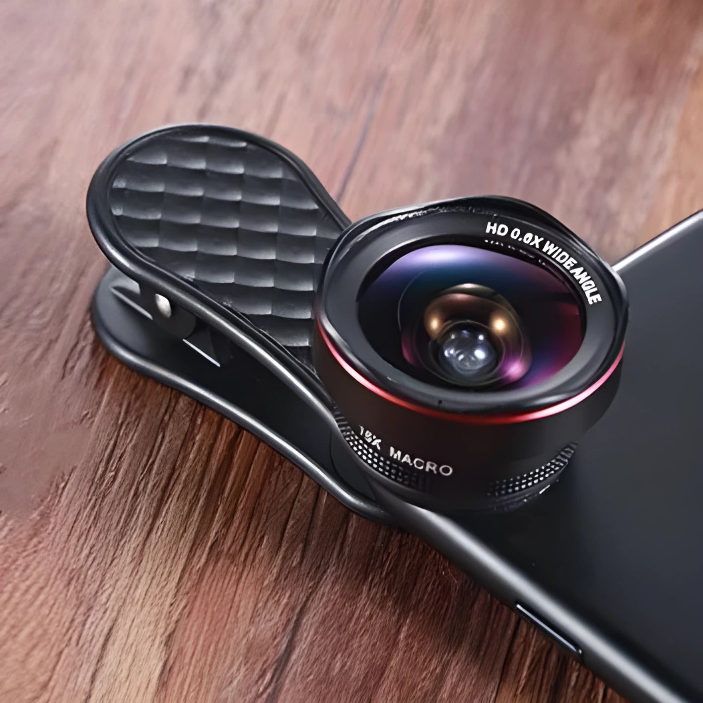 Black Silver Rose Gold smartphone wide-angle and macro lens kit with mounting clip and storage box